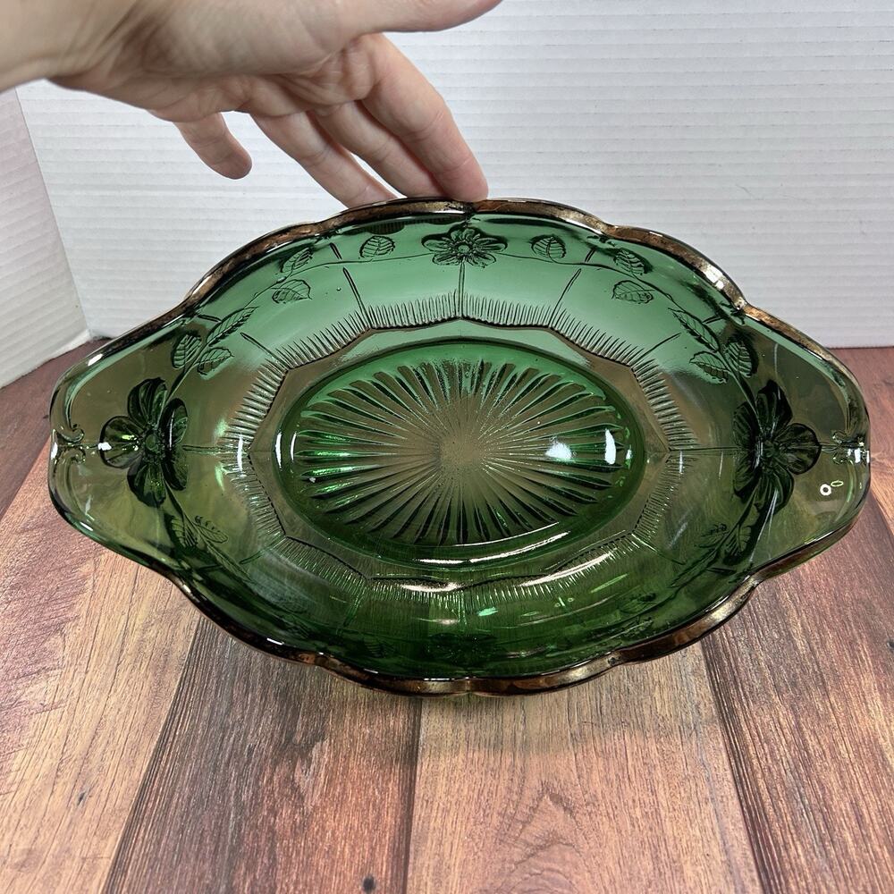 Antique CA. 1915 United States Glass Green Bowl Dogwood Paneled Floral Pattern - Picture 8 of 12